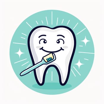 Smiling tooth with toothbrush in hand surrounded by sparkles, background, AI Generated
