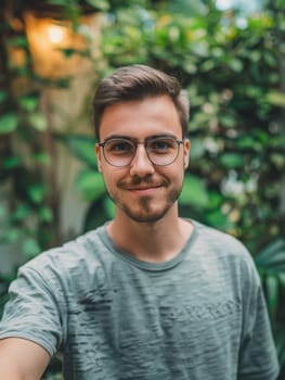 A young man with glasses smiles in a lush garden take selfie, a portrait of contentment and casual style. The natural backdrop adds to the sense of ease