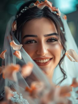 A bride's radiant smile peeks through her veil, adorned with delicate floral accents, capturing the bliss and beauty of her special day. The image exudes warmth and happiness
