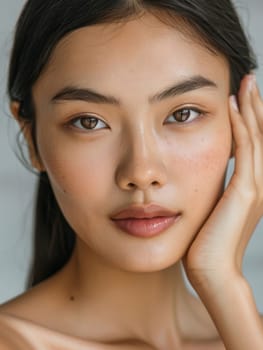 The natural beauty of a woman's face shines through, her simple yet striking features accentuated by minimal makeup and a serene expression