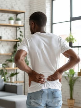 A man is seen from behind, hands clasped over his lower back, indicating discomfort or pain in a home setting. The image conveys a personal moment of vulnerability and the commonality of back issues