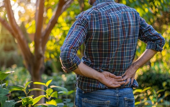 An individual outdoors clutching their lower back in pain. The natural setting contrasts with the uncomfortable subject of back pain
