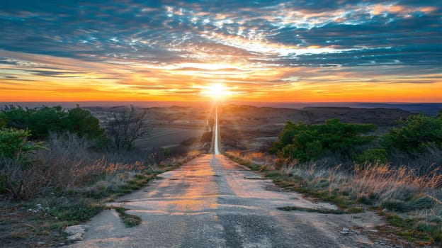 The first light of dawn illuminates a rugged country path, leading through undulating hills toward the awakening horizon. The sky's tapestry of colors offers a silent yet powerful inspiration.