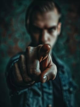 An assertive finger pointing from a blurred man suggests direction and command, fostering a sense of urgent decision-making
