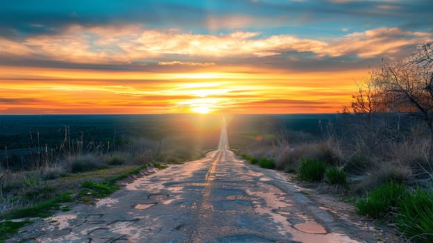 The sun's first rays peek over the horizon, illuminating an old country road that promises adventure. This tranquil scene is a reminder of nature's enduring beauty and the path less traveled