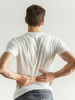A visualization of back pain is depicted with a glowing spine illustration overlaid on a man's back as he reaches around to touch the affected area. It artistically represents the internal struggle.
