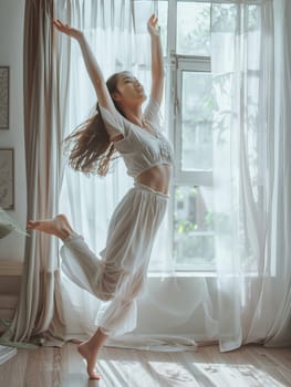 A joyful woman dances in a sheer, sun-kissed room, her carefree spirit embodying the lightness of a whimsical morning