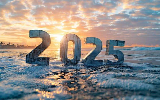 Wooden figures of '2025' are washed over by gentle waves on a sandy beach at dawn. The image symbolizes the fresh beginnings of a new year with the promise of a bright horizon