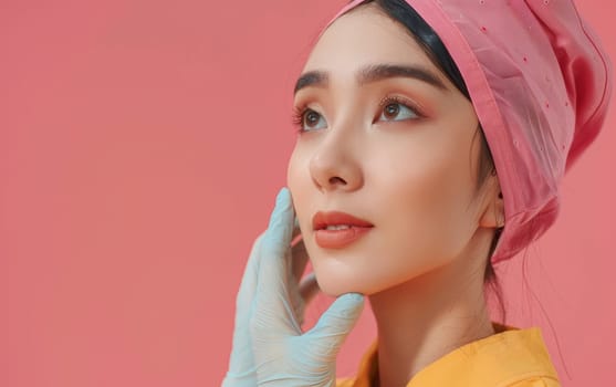A young Asian woman in a stylish headwrap is having her cheek gently touched by a gloved hand, in what seems to be a skincare evaluation. The scene is bathed suggesting softness and care