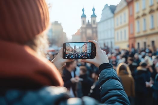 A group of digital influencers enthusiastically takes selfies against the backdrop of an energetic festival in the city. The warm sunlight filters through the crowd, creating an inviting atmosphere.