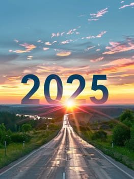 The number 2025 anchors the horizon on a road bathed in sunrise, symbolizing a path towards future aspirations. The sky's morning colors cast a hopeful glow on the year to come