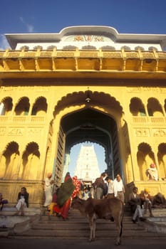 the entry of the old Rangji Temple in the Town of Pushkar in the Province of Rajasthan in India.  India, Pushkar, January, 1998