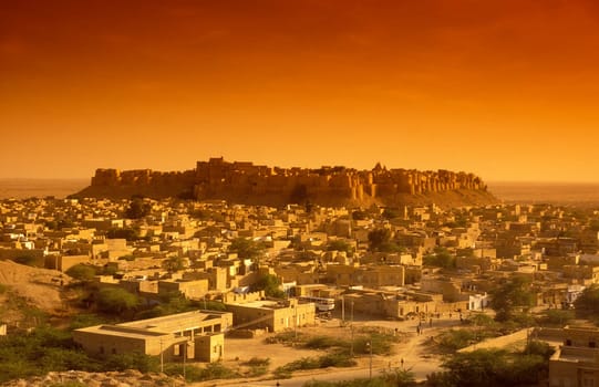 a view of the Jaisalmer Fort with the city of Jaisalmer in the Province of Rajasthan in India.  India, Jaisalmer, January, 1998