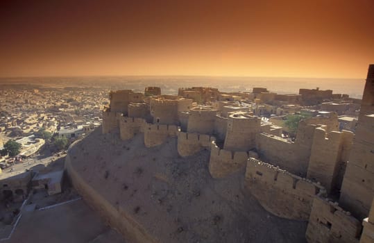 a view of the Jaisalmer Fort with the city of Jaisalmer in the Province of Rajasthan in India.  India, Jaisalmer, January, 1998