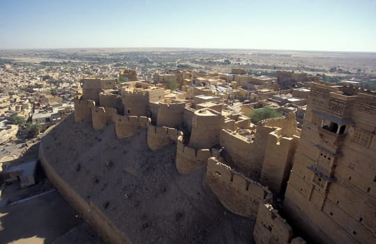 a view of the Jaisalmer Fort with the city of Jaisalmer in the Province of Rajasthan in India.  India, Jaisalmer, January, 1998