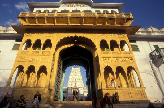 The entry of the old Rangji Temple in the Town of Pushkar in the Province of Rajasthan in India.  India, Pushkar, January, 1998