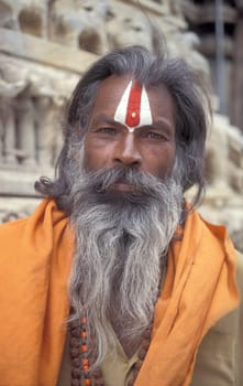 a street Sadhu in the old Town in the Jaisalmer Fort with the city of Jaisalmer in the Province of Rajasthan in India.  India, Jaisalmer, January, 1998
