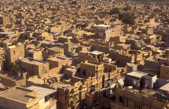 a view of the old city of Jaisalmer in the Province of Rajasthan in India.  India, Jaisalmer, January, 1998