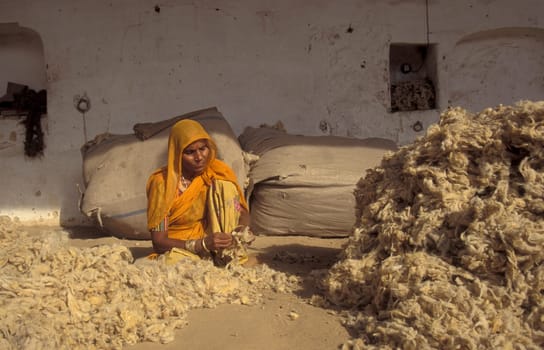 Working People in a Camel wool spinning Factory in the City of Jaisalmer in the Province of Rajasthan in India.  India, Jaisalmer, January, 1998