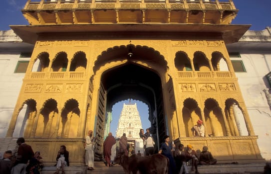 The entry of the old Rangji Temple in the Town of Pushkar in the Province of Rajasthan in India.  India, Pushkar, January, 1998