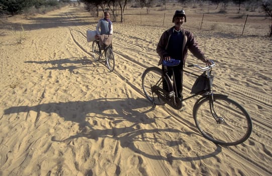 People with their Bicycle on a road near the Town of Jaisalmer in the Province of Rajasthan in India.  India, Jaisalmer, January, 1998
