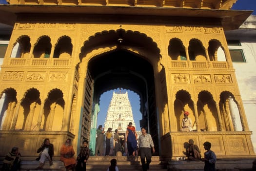 The entry of the old Rangji Temple in the Town of Pushkar in the Province of Rajasthan in India.  India, Pushkar, January, 1998