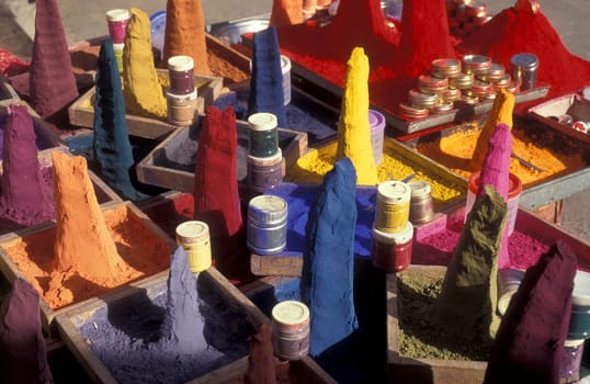 lots of Bindi poweder in defrent colors at a market in the Town of Jaisalmer in the Province of Rajasthan in India.  India, Jaisalmer, January, 1998