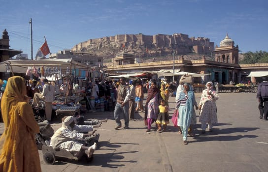 a streetmarket a square in the city of Jaisalmer in the Province of Rajasthan in India.  India, Jaisalmer, January, 1998