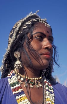 a portrait of a Rajasthani women in the Town of Jaisalmer in the Province of Rajasthan in India.  India, Jaisalmer, January, 1998