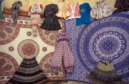 Textile and Handmade Batik at a street and market in the Town of Jaisalmer in the Province of Rajasthan in India.  India, Jaisalmer, January, 1998