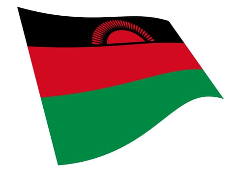 A Malawi waving flag 3d illustration isolated on white with clipping path rising sun red green black