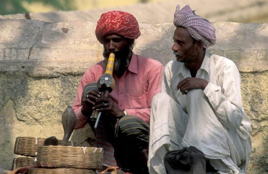 a indian Snake charmers at a market street in the City of Jaisalmer in the Province of Rajasthan in India.  India, Jaipur, January, 1998
