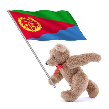 An Eritrea flag being carried by a cute teddy bear