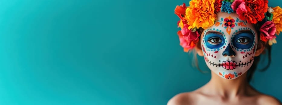 Girl with Sugar Skull Makeup for Dia de los Muertos celebration