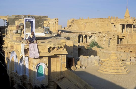 a view in the old Town in the Jaisalmer Fort with the city of Jaisalmer in the Province of Rajasthan in India.  India, Jaisalmer, January, 1998