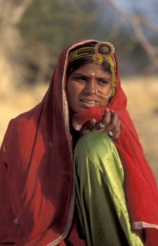a portrait of a Rajasthani women in the Town of Jaisalmer in the Province of Rajasthan in India.  India, Jaisalmer, January, 1998