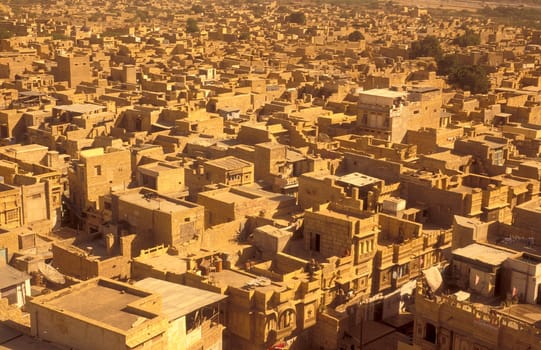a view of the old city of Jaisalmer in the Province of Rajasthan in India.  India, Jaisalmer, January, 1998