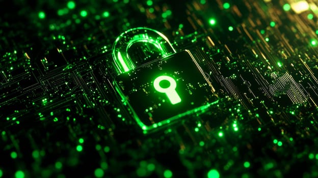 Green circuit board with a glowing padlock symbol on top. Cybersecurity concept. AI generated