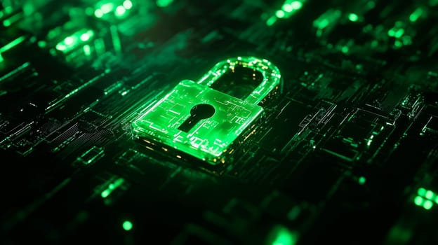 Circuit board and padlock icon. Hardware security, computer data protection and electronic technology concept. AI generated
