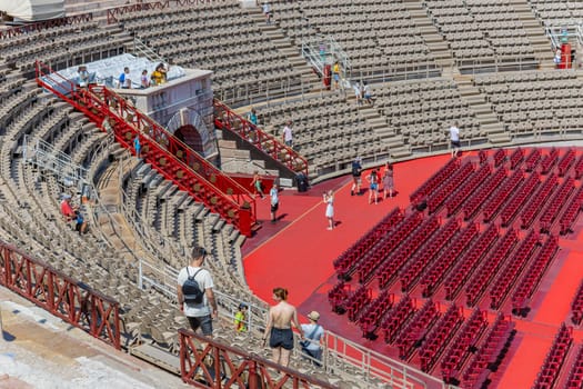 Verona, Italy: July 27, 2024: The Verona Arena (Arena di Verona) is a Roman amphitheatre on Piazza Bra in Verona