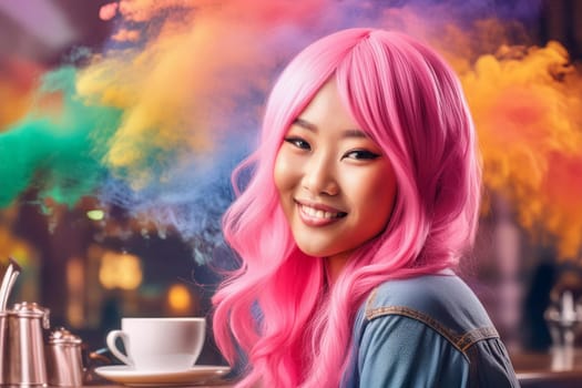 Woman with pink hair smiling, wearing a casual outfit. Background shows a cafe setting with blurred patrons, cozy ambiance, relaxed vibes