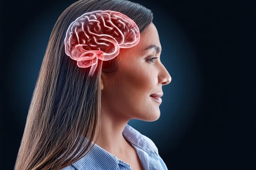 Image of the brain highlighted in red, inside a woman's head. The concept of headaches, migraines and other diseases of the central nervous system.