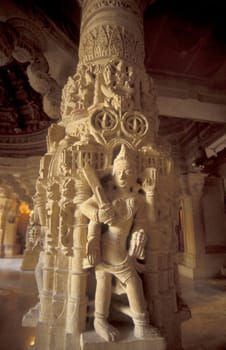 a sotne carving figure inside oft the Jain Temple in the Jaisalmer Fort in the city of Jaisalmer in the Province of Rajasthan in India.  India, Jaisalmer, January, 1998