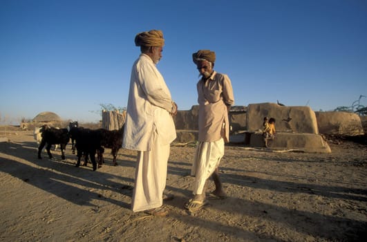two Old Rajasthani Men in a small Village near the Town of Bikaner in the Province of Rajasthan in India.  India, Bikaner, January, 1998