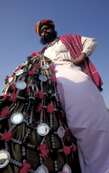 a camel herder in traditional Rajasthani dress at the Bikaner Camel Festival in the Town of Bikaner in the Province of Rajasthan in India.  India, Bikaner, January, 1998