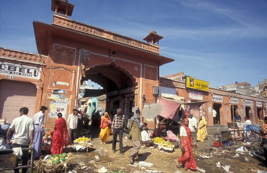 a food market street in the City of Jaipur in the Province of Rajasthan in India.  India, Jaipur, January, 1998