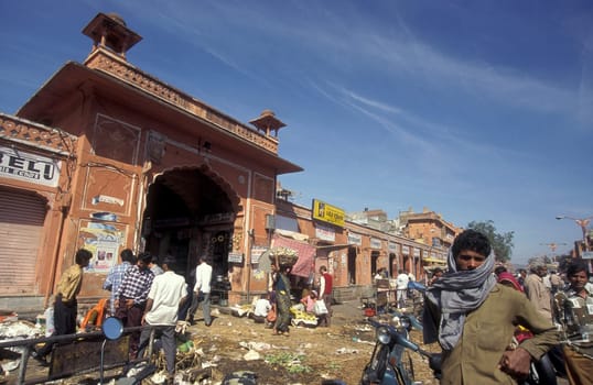 a food market street in the City of Jaipur in the Province of Rajasthan in India.  India, Jaipur, January, 1998