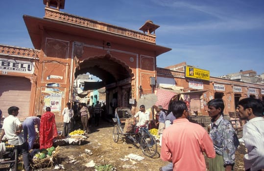 a food market street in the City of Jaipur in the Province of Rajasthan in India.  India, Jaipur, January, 1998