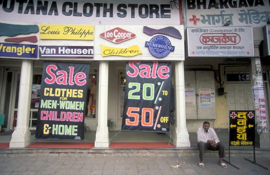 a indian textile and clothes shop in the City of Jaipur in the Province of Rajasthan in India.  India, Jaipur, January, 1998