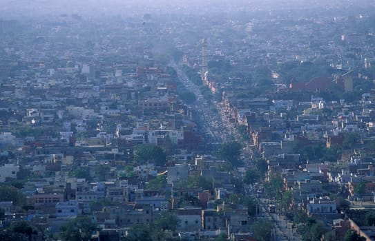 a view over the City of Jaipur in the Province of Rajasthan in India.  India, Jaipur, January, 1998